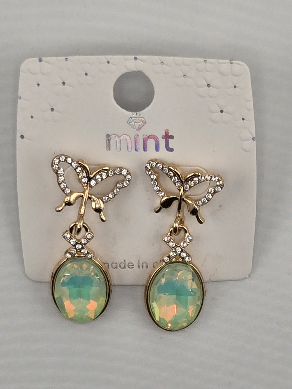 Mint Iridescent Green Butterfly Drop Earrings Gold Tone Rhinestone Statement